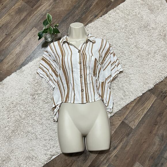Aeropostale Size XL White Mustard Yellow Striped Cropped Button Down Top - Picture 1 of 5